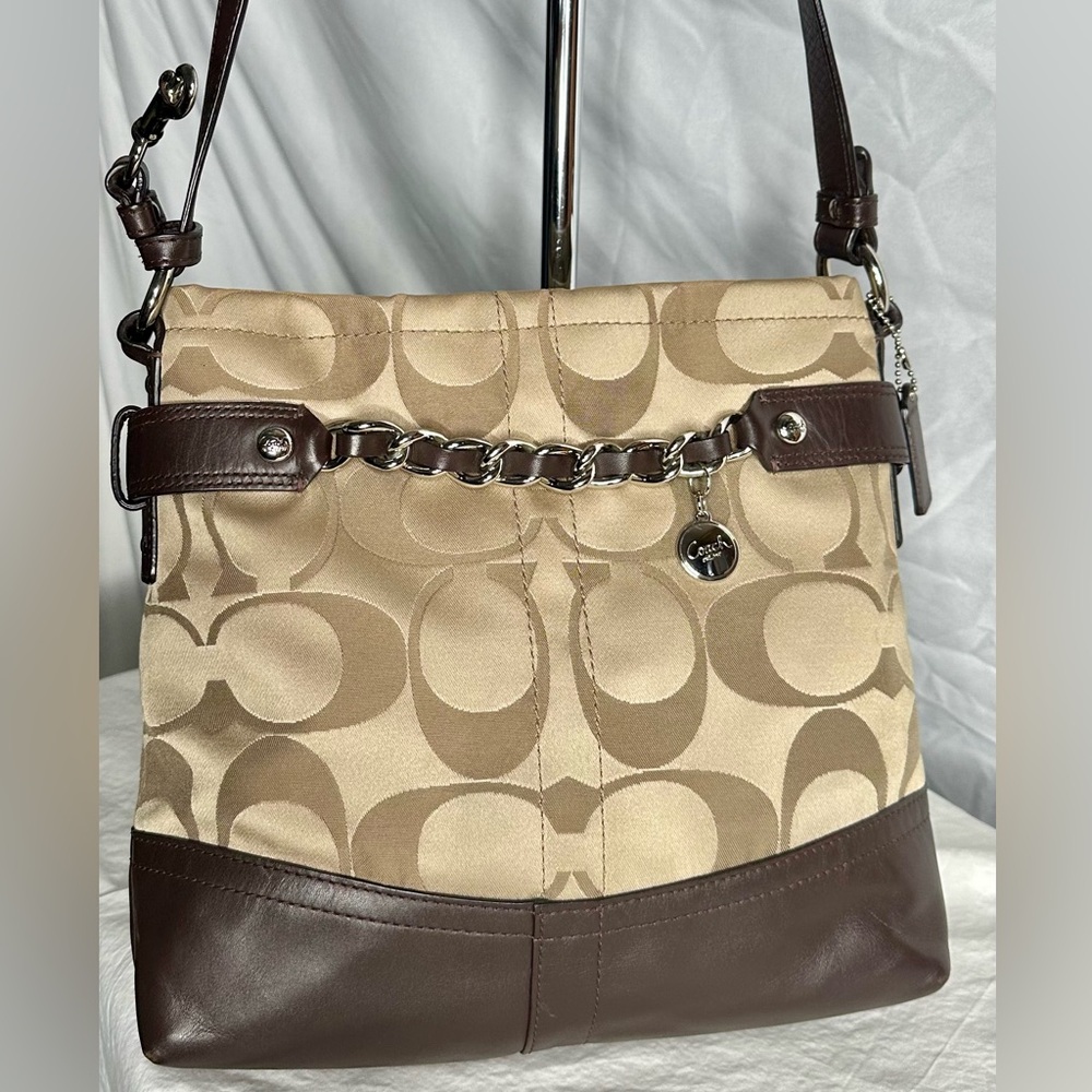COACH Signature Logo Tan Sateen Brown Leather Convertible Shoulder Crossbody Bag